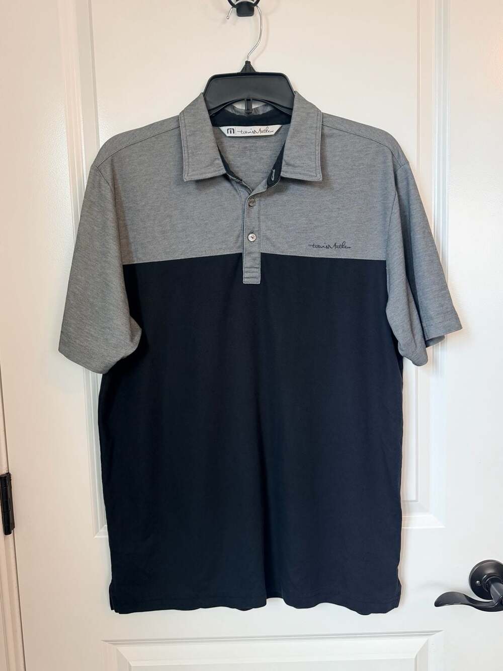 TravisMathew Oceanside Blocked Polo Shirt Charcoal Heather and Black - Medium